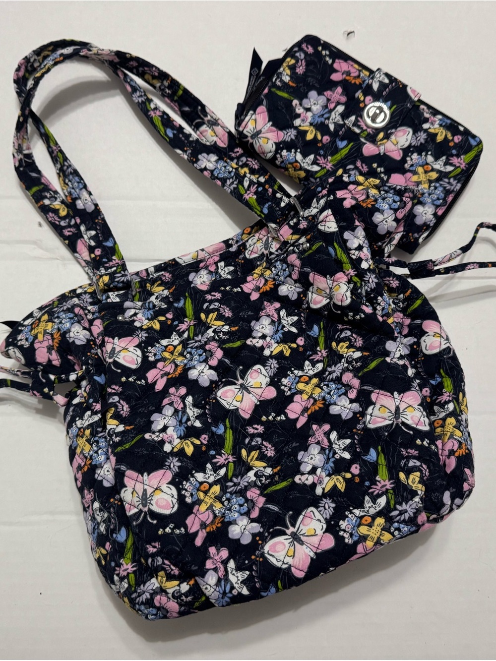 Vera Bradley Quilted Tote Bag and Wallet Set in Bloom Boom Navy Floral Butterfly